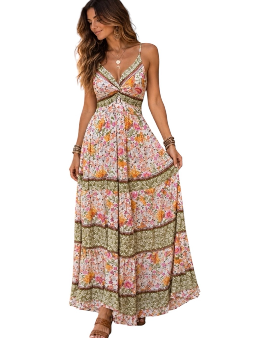 Angie Floral Twist-Front Maxi Dress in Green, Pink & Orange